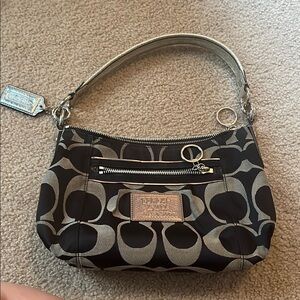 Coach Poppy Black and Silver Monogram Shoulder Bag